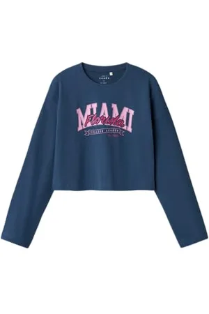 NAME IT Dziewczęca Nkfvilma Ls Crop Top koszulka z długim rękawem, Dark Denim/Print: Florida, 116