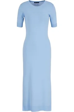 Armani Exchange Damska sukienka z logo na klatce piersiowej, okrągły dekolt, dzianina sustainablefabric Special Occasion Dress, niebieska, S, , S