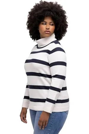 Ulla Popken Damski golf, cropped w paski, sweter offwhite, normalny, , 58-60