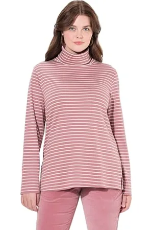 Ulla Popken Damska duże rozmiary plus size koszula prążkowana, slim, golf, długi rękaw, bawełna ekologiczna, , 54-56