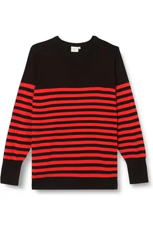 Kaffe Plus Size damski pulower w paski regularny krój okrągły dekolt ciasna dzianina, Czarny/czerwony pasek, L duże rozmiary