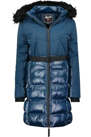Geographical Norway Dorifore Lady Parka Długa gruba ciepła damska jesienno-zimowa - cienki płaszcz ze sztucznego futra z kapturem, kurtka wiatrowa, elegancka kurtka damska (granatowa L), , L