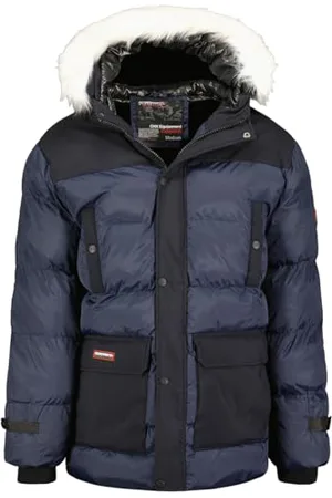 Geographical Norway Dalibor Męska ciepła parka długa, jesienno-zimowa, wodoodporna kurtka z kapturem, outdoorowa futrzana kurtka wiatrówka, męska (granatowa XL), , XL