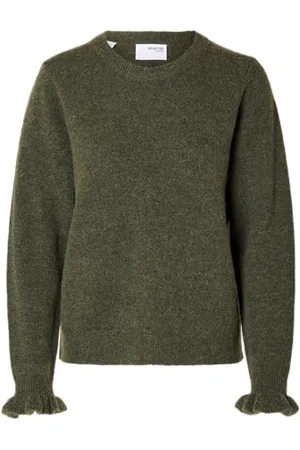 SELECTED SLFLULU LS Knit Frill Cuff O-Neck NOOS, Kalamata/Szczegóły: melanż, M