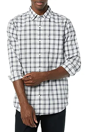 Amazon Męska koszula z długim rękawem, slim fit, rozciągliwa popelina, ciemnogranatowa biała krata, XS