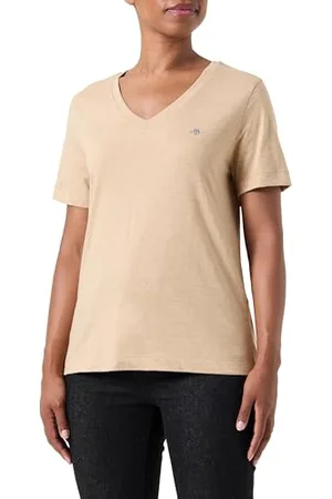 GANT Damska koszulka Reg Shield Ss V-Neck, Khaki Mel, S