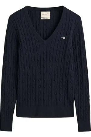 GANT Damski sweter ze stretchu, bawełna, dekolt w serek, Evening Blue, Standard, , XXS