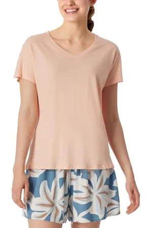 Schiesser Damska koszulka do spania z krótkim rękawem bawełna mieszanka lnu + Relax piżama top, Peach Whip_181196, 36, , 36