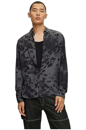 HUGO BOSS Ermo Slim-Fit męska koszula z płótna z nadrukiem sezonu, , L