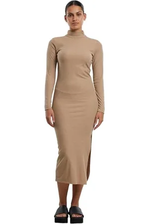 Urban classics Sukienka damska Rib Longlseeve Mockneck Dress, długi rękaw, sukienka maxi z kołnierzem, krój slim fit, , XS