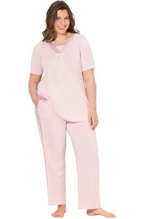 Ulla Popken Damska piżama duże rozmiary, plus size, satynowe detale, dekolt w serek, półrękawy, , 42-44