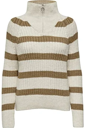 ONLY Damski ONLLEISE Freya LS Zip High Neck KNT NOOS sweter, brzoza/paski: W.Tannin Mel, XXL, , XXL