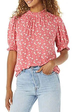 Amazon Damska koszula Fluid Twill z krótkim bufiastym rękawem, malinowa czerwień kwiatowa, L