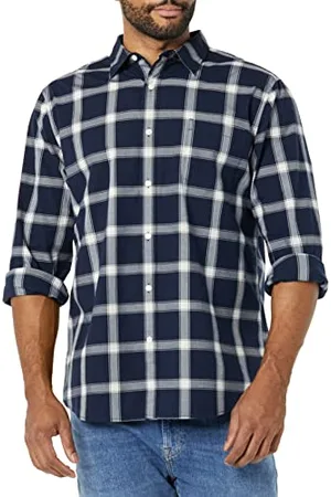 Amazon Męska koszula z długim rękawem, slim fit, rozciągliwa popelina, granatowa biała krata, S