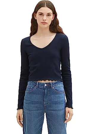 TOM TAILOR TOM TAILOR Damska krótka koszula jeansowa z długimi rękawami i prążkowaną strukturą, , XXL