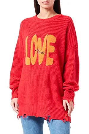 True Religion Damski sweter Destroyed Oversized Love Pullover, RED, standardowy