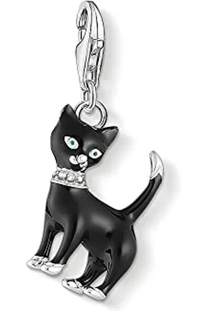 Thomas Sabo Charm-Anhänger Katze aus 925er Sterlingsilber mit Kaltemaille, in der Form einer schwarzen Katze mit grünen Augen, Maße: 30 x 11 mm,1725-041-11