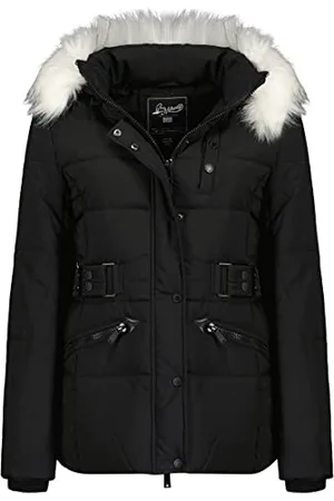 Geographical Norway Chester Lady Parka Długa gruba ciepła damska jesienno-zimowa - cienki płaszcz ze sztucznego futra z kapturem - kurtka wiatrówka - elegancka kurtka damska (czarna 2XL), , XXL
