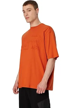 Armani Exchange Męski sweter oversize z ciężkiej bawełny Jersey z wytłoczonym logo, Ember Orange, XS