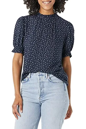 Amazon Damska koszula Fluid Twill z krótkim bufiastym rękawem, granatowa biała nadruk Ditsy, XL