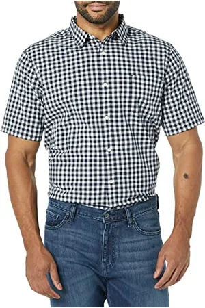 Amazon Męska koszula z krótkim rękawem z popeliny slim fit, granatowa biała krata, L