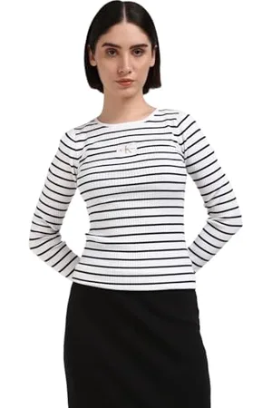 Calvin Klein Jeans Damski sweter z tkaną etykietą, Ck Czarny/Jasnobiałe paski, XS