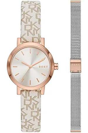 DKNY Soho damski trójramienny zegarek ze stopu z 28 mm obudową i skórzanym paskiem, Różowe złoto