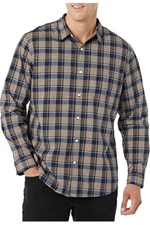 Amazon Męska koszula z długim rękawem, slim fit, rozciągliwa popelina, złota granatowa krata, XS