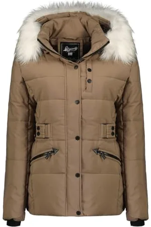 Geographical Norway Chester Lady Parka Długa gruba ciepła damska jesienno-zimowa - cienki płaszcz ze sztucznego futra z kapturem - kurtka wiatrówka - elegancka kurtka damska (Taupe L), , L