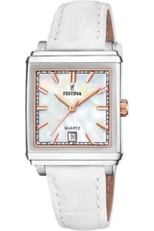 Festina Zegarek damski F20682/1 na kwadratowym szarym etui ze stali nierdzewnej biały skórzany pasek, , pasek