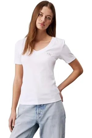 Calvin Klein Jeans Damska tkana etykieta prążkowana koszulka z krótkim rękawem i dekoltem w serek, , 3XL