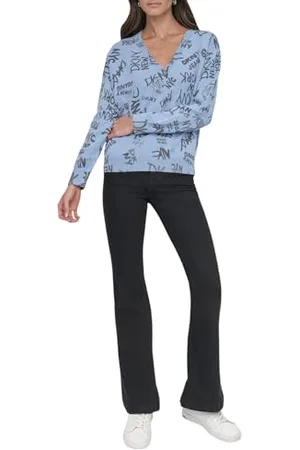 DKNY Sweter damski, nadruk z logo z dekoltem w serek, FORVR BL CMB, XS, , XS