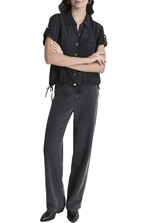 DKNY Damska bluza/koszula, S/S TECH Crinkle DRA, czarna, XL, , XL