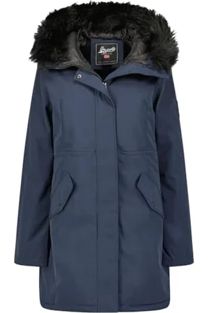 Geographical Norway Basiline Lady Parka Długa gruba ciepła damska jesienno-zimowa - cienki płaszcz ze sztucznego futra z kapturem - kurtka wiatrówka - elegancka kurtka puchowa damska (granatowa S)