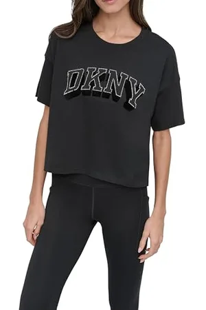 DKNY Damska koszulka z logo Floked Rhinestone Varsity Logo Crop Tee, , M
