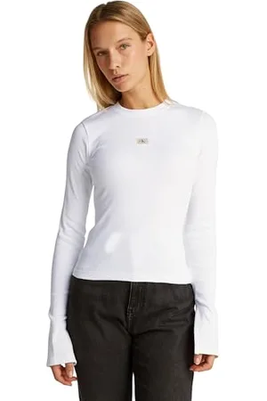 Calvin Klein Jeans Damskie tkane logo Rib LS TOP J20J224760 Inne topy, biały (jasnobiały), XXS, , XXS