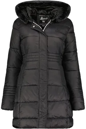 Geographical Norway Deneza Lady Parka Długa gruba ciepła damska jesienno-zimowa - cienki płaszcz ze sztucznego futra z kapturem - kurtka wiatrówka - elegancka kurtka puchowa damska ( L),