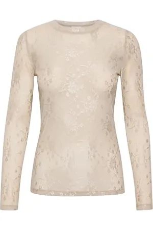 Kaffe Damska koszulka z długim rękawem Slim Fit Sznurowany Materiał Crew Neck Sheer, , L