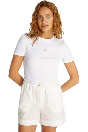 Calvin Klein CK JEANS Damska TKANA ETYKIETA RIB FITTED TEE J20J225245, biała (brylantowa biel), L, , L