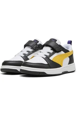 PUMA Rebound V6 LO AC+ PS Sneaker, czarno-żółte białe (Sizzle White), 1 UK dziecko, Czarny Żółty Sizzle Biały, 33 EU