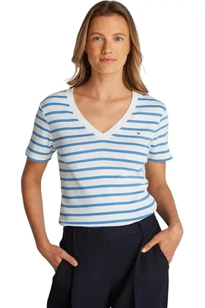 Tommy Hilfiger Damski NEW SLIM CODY V-NK SS WW0WW40584, biały, XXL, Biały (Ecru/Blue Spell Stp), XXL