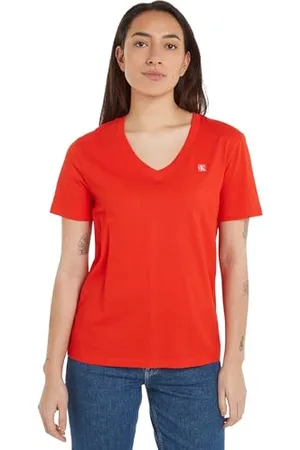 Calvin Klein Jeans Damska koszulka Ck Embro Badge z dekoltem w serek S/S dzianinowe topy, , XXS
