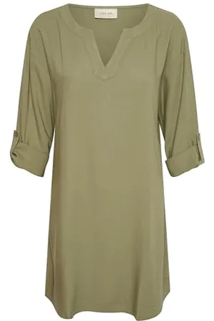 Cream Kremowy damski Tunec V-Notch Neck Długie rękawy Below Hip Length Casual Fit Dress Woman, , 40