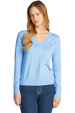 Tommy Hilfiger Damski sweter CO Jersey Stitch V-NK WW0WW40098 Sweter, niebieski, S, , S