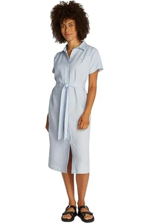 Tommy Hilfiger Damska SUKIENKA ESS LINEN PASEK S/S MIDI WW0WW44653, niebieska, 36, , 62