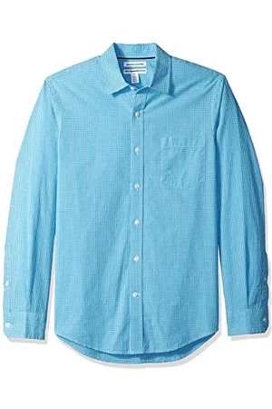 Amazon Męska koszula z długim rękawem z popeliny slim fit, niebieska w kratkę, L