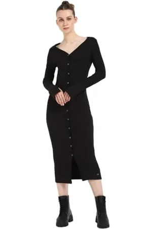 Calvin Klein Jeans Damska tkana etykieta LS Rib Dress J20J224830 Inne sukienki, czarna (Ck Black), M, , M