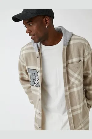 Koton Men College Printed Check Plaid Shirt Hooded, , M