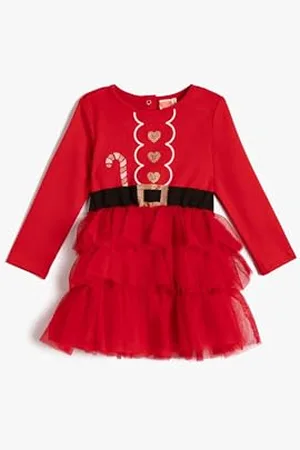Koton Babygirl sukienka tiulowa spódniczka detal długi rękaw okrągły dekolt New Year Themed Printed, , 9-12 Miesi?cy