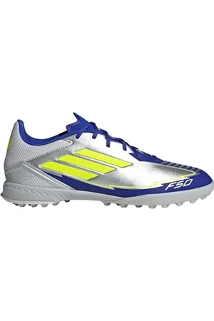 adidas Uniseks F50 LEAGUE Football boots Turf, Silver Metallic/Solar Yellow/Lucid Blue, 40 2/3 EU